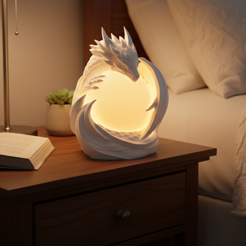 Dragon Sphere Desk Lamp glowing with sculpted dragon design wrapped around illuminated globe