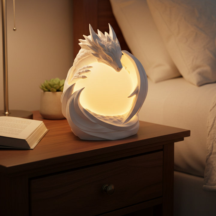 Dragon Sphere Desk Lamp glowing with sculpted dragon design wrapped around illuminated globe
