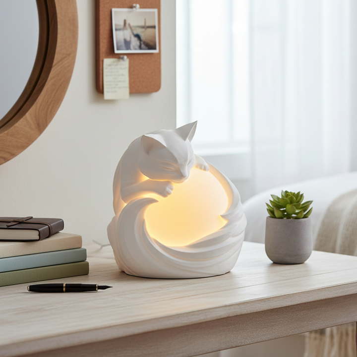 Side view of Feline Sphere Desk Lamp showing detailed cat figure curling around spherical light