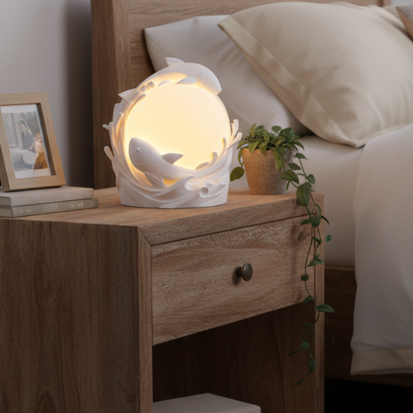 Twin Fish Sphere Lamp glowing on a table featuring two fish swimming around an illuminated globe