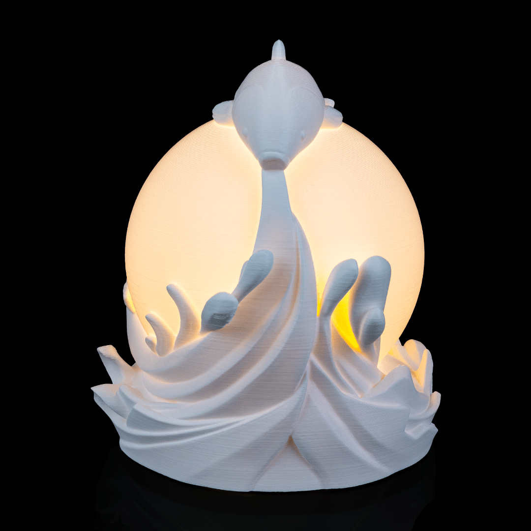 Side view of Twin Fish Sphere Lamp showing detailed fish design wrapped around spherical lamp
