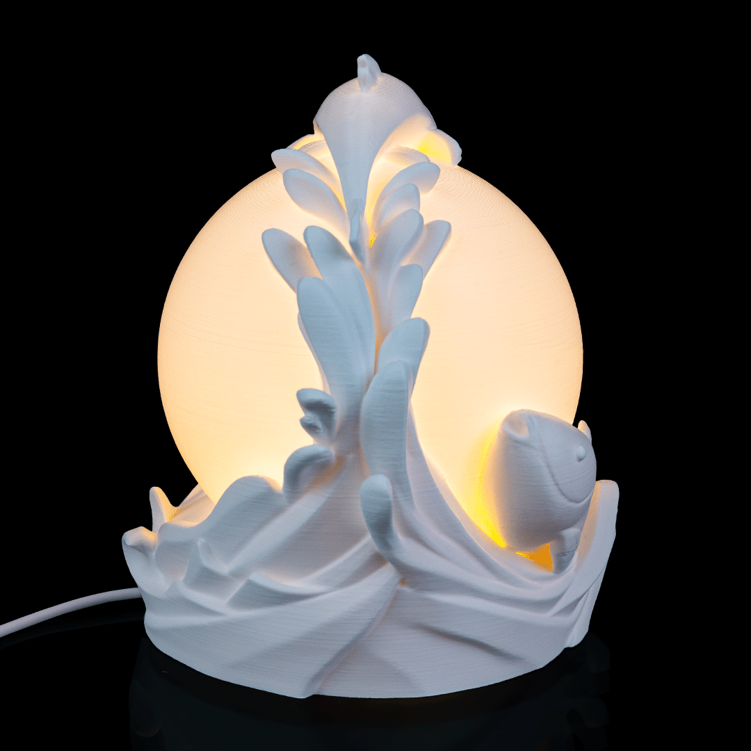 Twin Fish Sphere Lamp placed on a nightstand creating soft ambient lighting in a cozy room