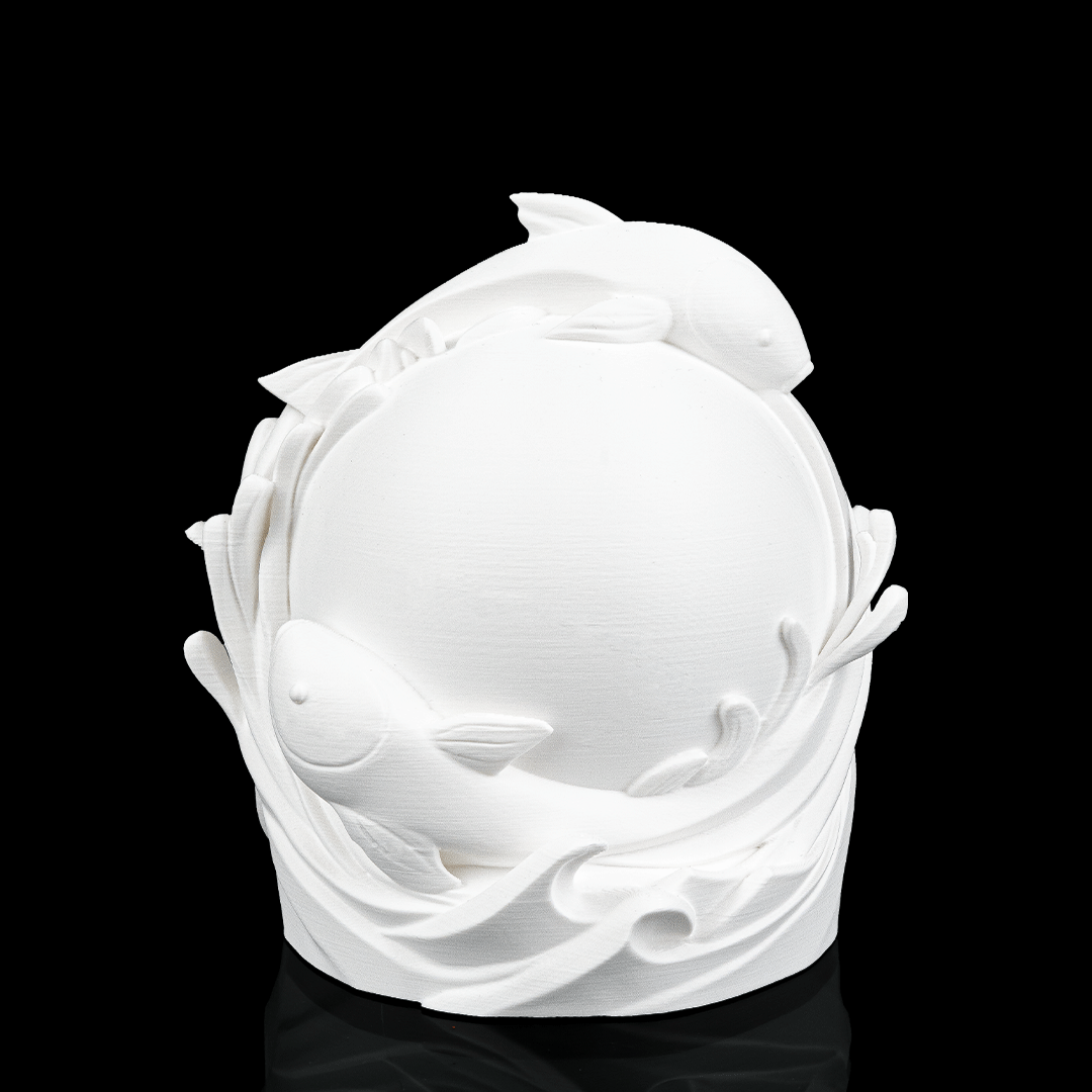 Twin Fish Sphere Lamp unlit showing sculptural fish design surrounding the globe