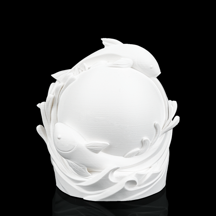 Twin Fish Sphere Lamp unlit showing sculptural fish design surrounding the globe